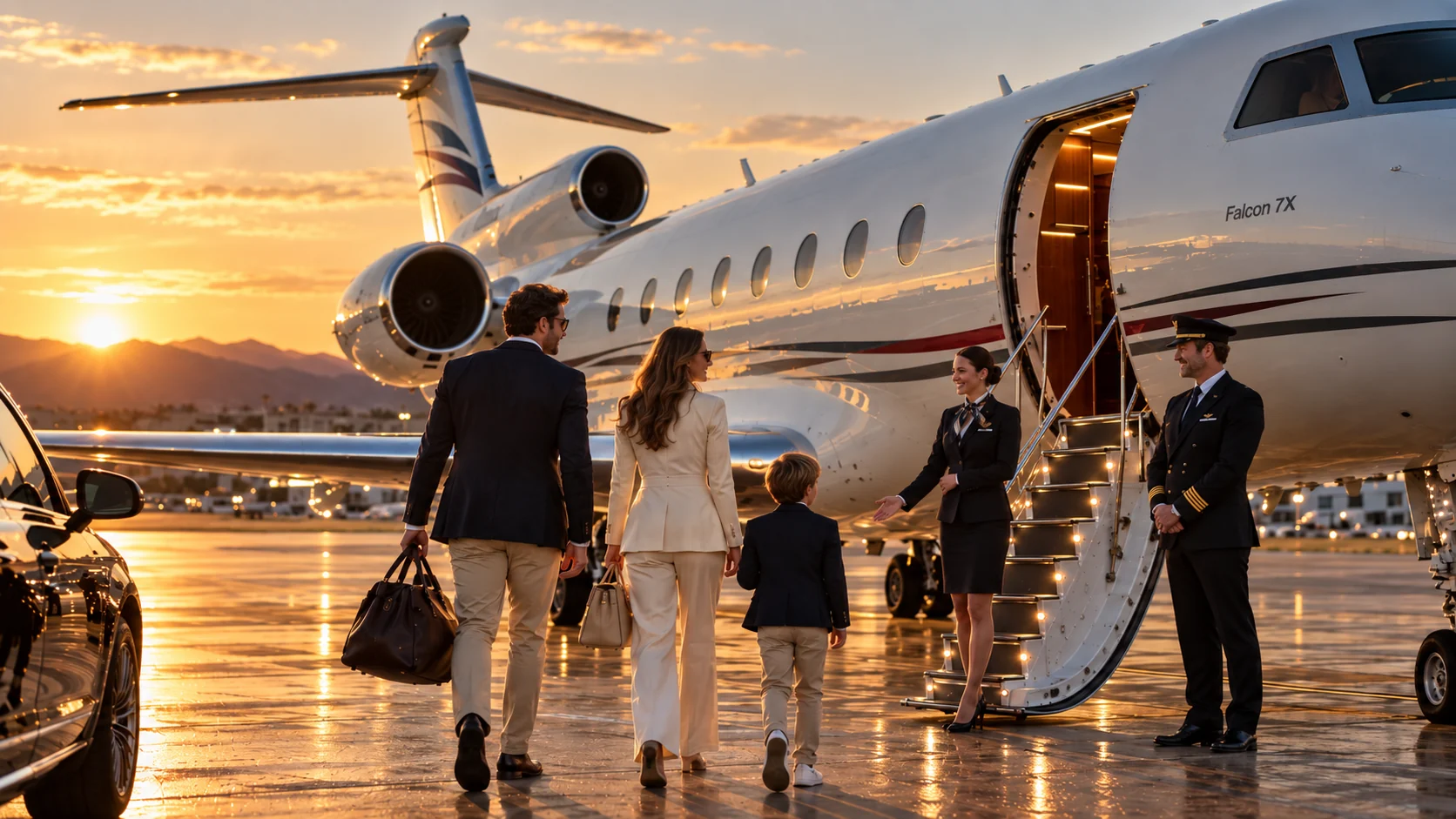 Family arriving at a private jet on the tarmac at sunset